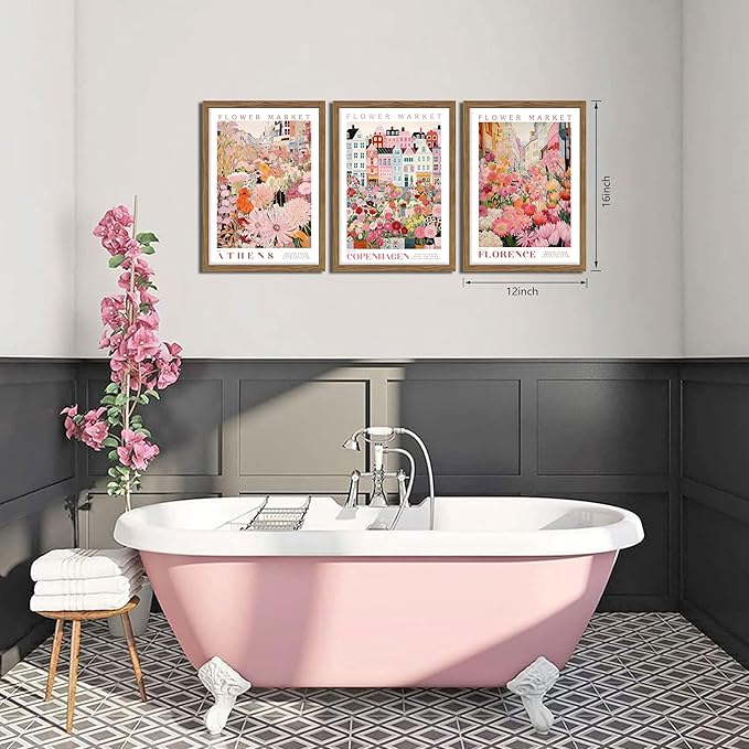 Floral Wall Art Set of 3, Colorful Flower Market Canvas Wall Decor Paintings, Pink Wildflower Botanical Posters Prints Pictures Artwork for Bedroom Living Room 12x16 Inch Wood Framed
