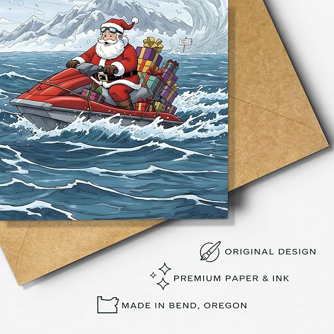 (5.3x8in) Santa Found an Easier Way to Get Into the UK Christmas Card with Envelope, Funny British Holiday Greeting Featuring Jet Ski Santa, Humorous Xmas Card for Friends and Coworkers (Xmas 35)
