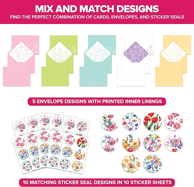 Decorably 50 Pack 6x4in Blank Floral Cards with Envelopes and Stickers, 10 Flower Designs - All Occasions, Appreciation, Weddings, Anniversary, Gifting, Mailing