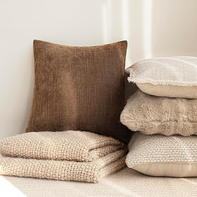 Foindtower Set of 2 Textured Chenille Throw Decorative Pillow Covers Square Accent Solid Cushion Cover Neutral Farmhouse Lumbar Pillow Case for Couch Sofa Bedroom Living Room 12x24 Inch,Dark Bronze