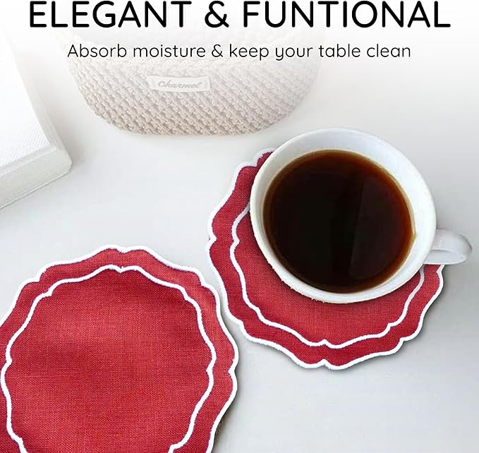 Drink Coasters Set of 6, 6x6 inch, Absorbent Linen Drink Mats with Scalloped Edge, Reusable Handmade Coffee Coasters for Home Decor & Tabletop Protection & Gift Giving (Brick)