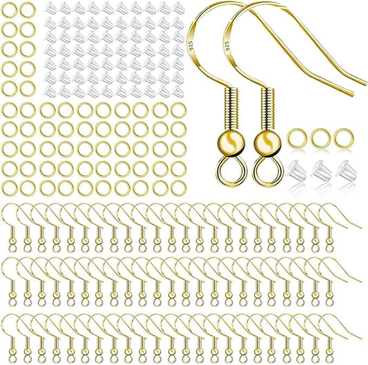 Hypoallergenic Earring Hooks 500 PCS/75 Pairs, Earring Making kit,Ear Wires Fish Hooks with Jump Rings and Clear Silicone Backs Stoppers