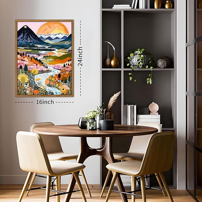 Floating Framed Large Boho Colorful Wall Art, Abstract Watercolor Mountain Landscape Wall Decor Painting Set of 3, Modern Flower Aesthetic Posters Prints for Living Room Bathroom Bedroom 16x24 Inch