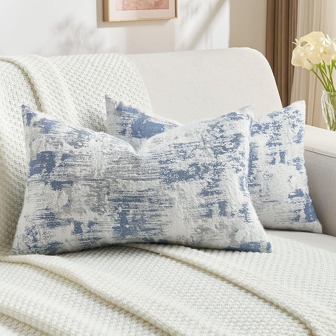 FUTEI Blue White Decorative Throw Pillow Covers 12x20 Inch Set of 2,Jacquard Weave Pillow Case in Soft Faux Cashmere,Modern Home Decor for Couch Living Room