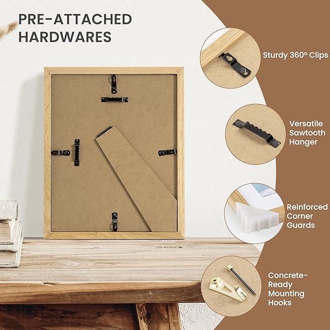 Dreamland 8x10 Picture Frame Set of 3, Solid Oak Wood Photo Frame with Mat for 5x7, 8 x 10 Matted Picture Frames with Resistant Plexiglass for Wall Mounting or Tabletop, Oak Color
