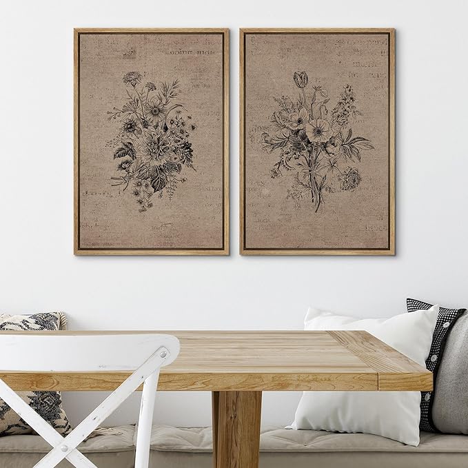 SIGNWIN Framed Canvas Print Wall Art Set Antique Floral Bouquets Vintage Engraved Flowers Modern Minimalism Decorative Nordic for Living Room, Bedroom, Office - 16"x24"x2 Natural