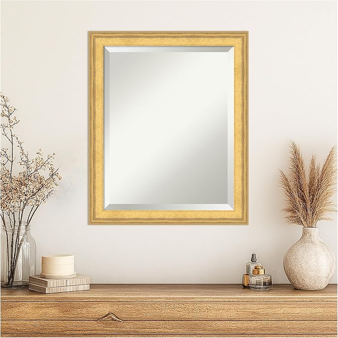 Amanti Art Gold Wall Mirror 23x19 Owen Gold Rectangle Bathroom Mirror for Wall Decor Living Room, Small Traditional Wood Frame, Hangs Horizonally and Vertically, Bathroom Decor, Beveled Edge