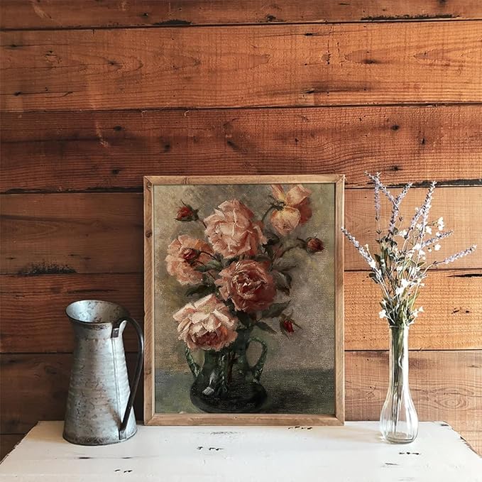 uniro Vintage Floral Wall Art, Retro Flower Botanical Painting, Farmhouse Wall Decor Rustic Still Life Roses Canvas Prints, Vintage Art for Bedroom Bathroom Decor (8" x 10" - UNFRAMED)