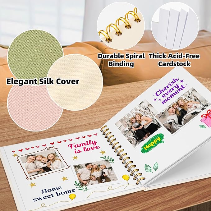 Vienrose 10 x 10 Inch Scrapbook Photo Album, Linen Hardcover Photo Book with 80 White Pages, DIY Memory Book Kit with Accessories for Wedding, Baby Shower, Travel, Christmas (LightGreen, 40 Sheets)