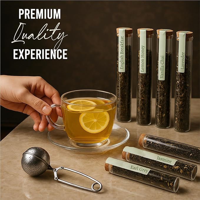 Loose Leaf Tea Sampler Gift Set Box – 8 Unique Flavors with Stainless Steel Infuser | Vanilla Chai, Jasmine, Lemon Honey & More | Tea Gift Set for Women and Men - Set of 9