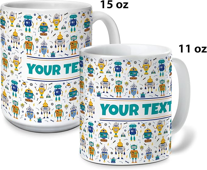 Personalized Mug for Kids - Robots - Custom Name/Text, Ceramic Hot Chocolate/Cocoa/Coffee Cup for Boys, Birthday/Christmas/Holiday Gift - 15 oz, Black Handle
