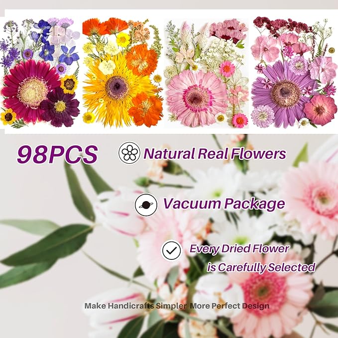 98Pcs Large Pressed Flowers for Resin - Real Bulk Dried Flowers and Leaves for Scrapbooking, DIY Art Crafts, Epoxy Resin Jewelry Molds, Candle, Soap Making
