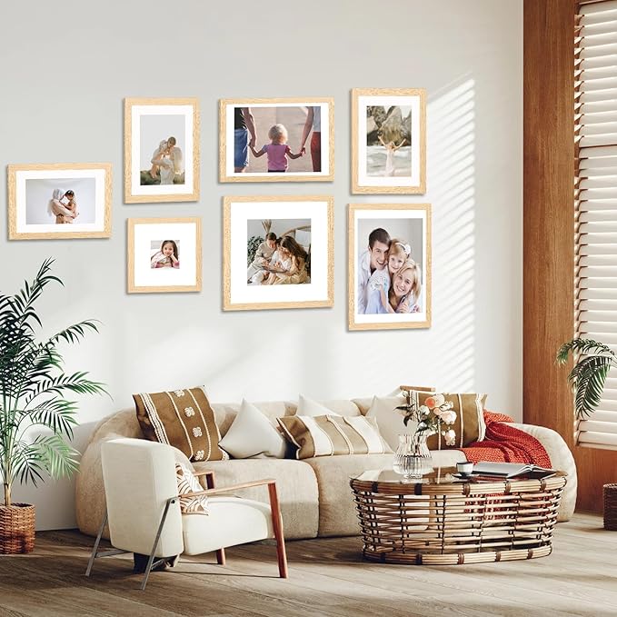 11x14 Picture Frame Set of 9, Photo Gallery Wall Frame Set, Display Pictures 8x10 with Mat or 11 x 14 Without Mat, Multi Photo Frames for Wall Mounting or Table Top Display, Natural Oak