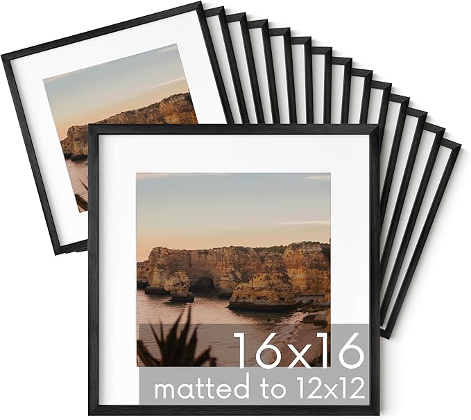 HAUS AND HUES 16x16 Black Metal Picture Frames Matted to 12x12 - Features Premium Aluminum & Hanging Hardware, Shatterproof Plexiglass - Ideal for Home, Room, Office (16x16 in, Black, Set of 15)