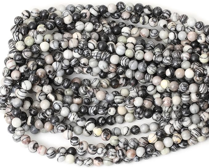 60PCS 6mm Natural Black Network Zebra Stone Round Loose Beads for Jewelry Making DIY Bracelet Necklace Materials 1 Strand 15"