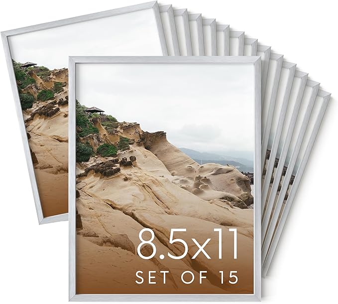 HAUS AND HUES 8.5x11 Silver Metal Picture Frames - Premium Aluminum with Vertical & Horizontal Hanging, Shatterproof Plexiglass - Perfect for Home or Office (8.5x11 in, Silver, Set of 15)