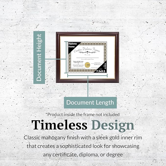 Creative Picture Frames 7.5x9.5 Mahogany Gold Rim Diploma Frame with White Mat Glass Easel and Installed Wall Hangers | Frame Holds 10x12 Media without Mat