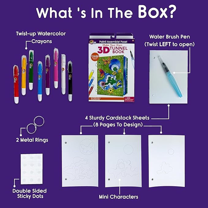 EyeConnect Crafts DIY Medium 3D Tunnel Book - Butterflies & Dragonflies | Creative Pop-in STEAM Craft Set for Kids & Teens | Paint & Customize with Mini Characters | Fun Pop-Up Art Activity Kit