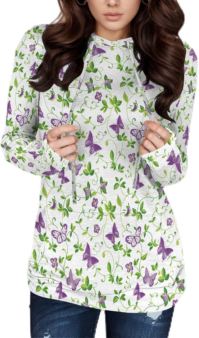 Hooded Sweatshirt Women Fall Butterfly Sweatshirts Lightweight Long Sleeve Pullover Tops Trendy Outfits Plus Size