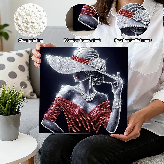 DIY Pearl Painting Kit with Wooden Frame, 3D Plastic Pearl Gemstone Ocean Art Craft for Adults Beginners, Diamond Art Kits for Adults, Home Wall Decor Ready Gift for Women(Woman in Red Dress)(30*30cm)