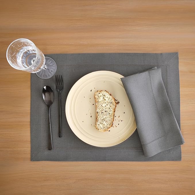Solino Home Linen Cloth Placemats Set of 4-100% Pure Linen Hemstitch Steel Gray Placemats 14 x 19 Inch - Classic Hemstitch Table Place Mats for Spring