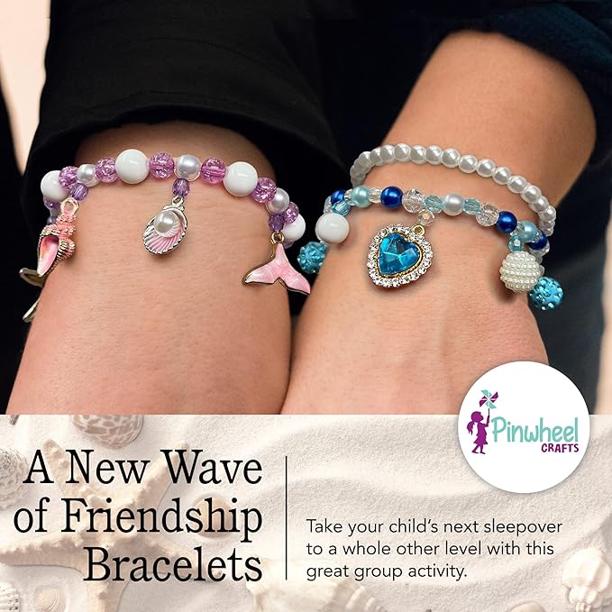 Pinwheel Crafts Mermaid Charm Bracelet Making Kit with Storage Case - DIY Kids Bracelet Making Kit for Girls 8-12 - Birthday Gift & Craft Supplies with Beads and Ocean Charms