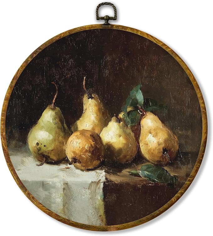 Hiuwevt Vintage Rustic Pear Fruit Kitchen Round Wall Art Decor, Farmhouse Country Framed Canvas Prints, Retro Pear Fruit Round Wall Hanging Decor for Kitchen Dining Room Decorations, 10x10 Inches