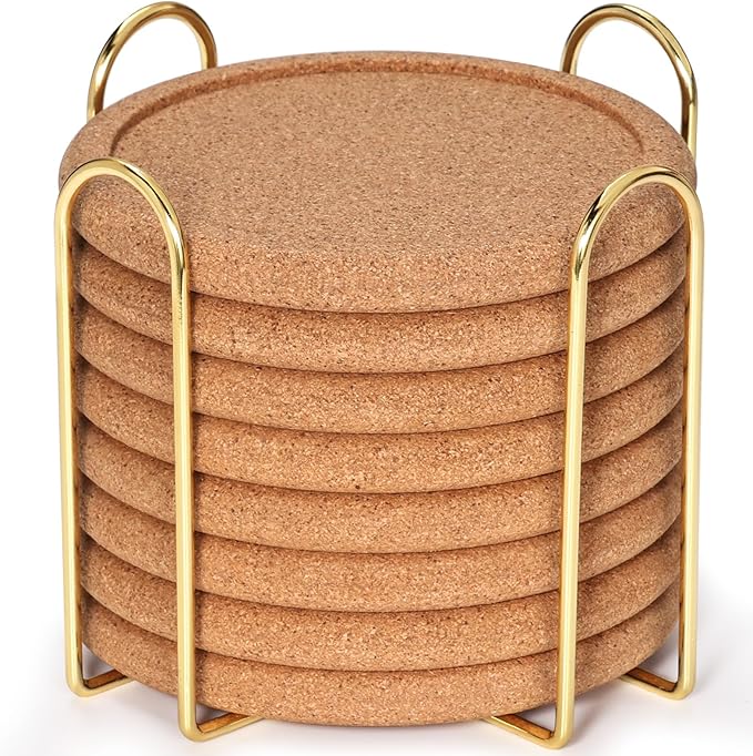 Cork Coasters for Drinks with Metal Holder, GOH DODD Absorbent Blank Coasters Tabletop Protection Home Decor for Housewarming Gifts Wedding Laser Engraving Wood Burning, Set of 8, Round, 4 Inch