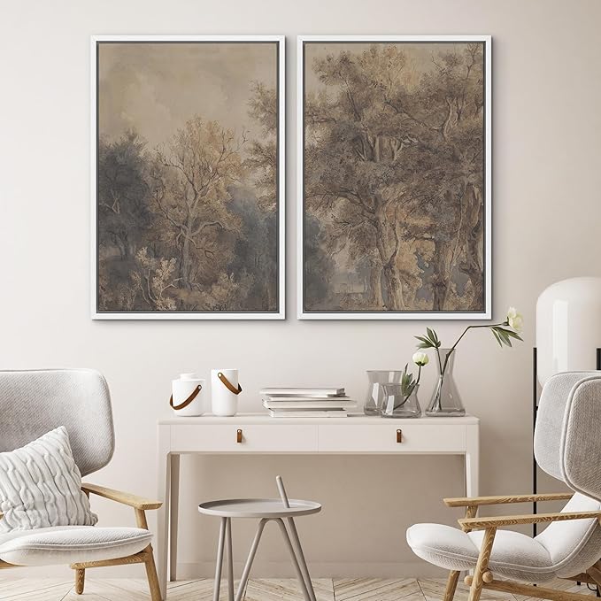 SIGNWIN Framed Canvas Print Wall Art Set Vintage Tree Sketch Classic Sepia-Toned Forest Illustrations Modern Art Scenic Colorful for Living Room, Bedroom, Office - 24"x36"x2 White