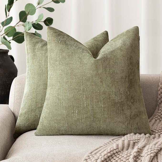 Foindtower Pack of 2 Soft Textured Chenille Throw Decorative Pillow Covers Square Accent Solid Cushion Cover Cozy Neutral Farmhouse Pillow Case for Couch Sofa Bedroom Living Room 24x24 Inch,Sage Green