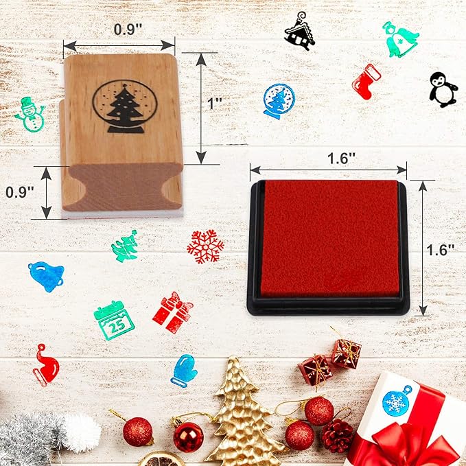 HOWAF Wooden Christmas Stamps for Kids Crafting Card Making, Stamps Pack for DIY Painting Christmas Party Bag Fillers Favor Supplies Xmas, with Ink Pad