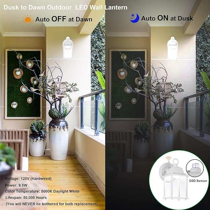 LIT-PaTH Dusk to Dawn Outdoor Wall Lantern, LED Wall Sconce, 5000K Daylight White, 9.5W, 800 Lumen, Aluminum Housing Plus Glass, Outdoor Rated, 2-Pack, White