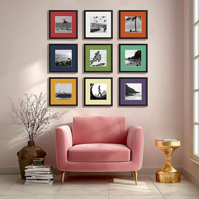 eletecpro 12x12 Picture Frames Set of 9 with Multi Colors Mats for 8x8 Photos or without Mat for 12x12, Square Gallery Wall Decor Collage for Picture Display, Black Frame Set for Wall Hanging