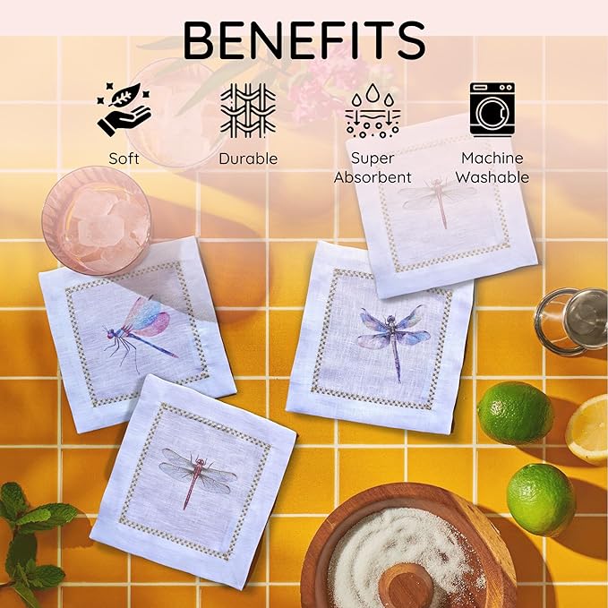 Cocktail Napkins Set of 6, 6x6 inch, 100% Linen, Printed Animal Pattern, Reusable & Washable Cloth Coasters for Beverages, Hosting, Gifting & Everyday Use (Dragonfly)