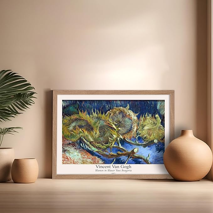 Monem Art Vintage Van Gogh Poster - Retro Blumen in Blauer Vase Anagoria Print - Sunflower Art - Impressionism Art - Fine Art - Classic Painting Art - Bedroom Wall Decor - 16x20 Beige Framed