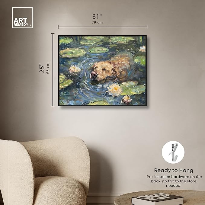 Art Remedy Monet Water Lilies Dog Rustic Chic Farmhouse Canvas Wall Art, Black Floater Frame, 30"x24"
