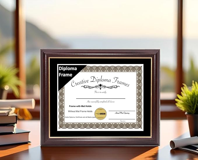 Creative Picture Frames 11x14 Mahogany Gold Rim Diploma Frame with Black Mat Glass and Installed Wall Hangers | Frame Holds 12x16 Media without Mat