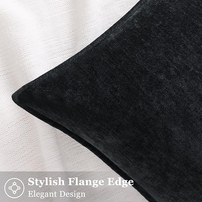 decorUhome Spring Couch Euro Sham Throw Pillow Covers 24x24 Set of 2, Decorative Soft Velvet Neutral Chenille Pillow Covers with Elegant Design for Sofa Bed Living Room Home Decor, Black