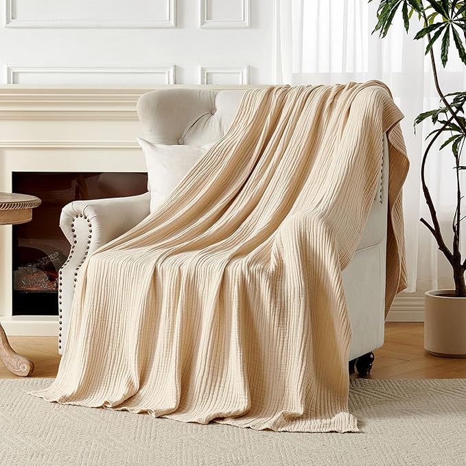 Joydeco 100% Cotton Muslin Throw Blanket for Couch Bed and Sofa, 4-Layer Lightweight and Breathable Soft Gauze Blanket for All Season, Luxury Throws Cotton Blanket Gift(Light Tan, 55"x75")