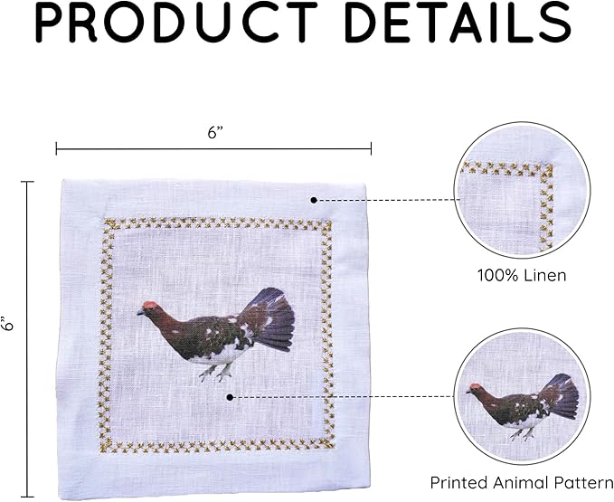 Cocktail Napkins Set of 6, 6x6 inch, 100% Linen, Printed Animal Pattern, Reusable & Washable Cloth Coasters for Beverages, Hosting, Gifting & Everyday Use (Pheasant & Ptarmigan)
