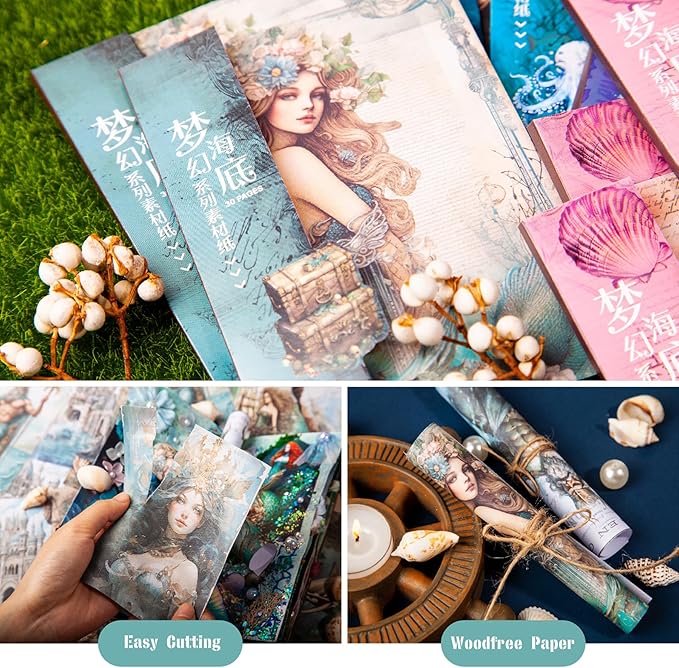 Yoksas 120 Sheets Vintage Mythology Fantasy Sea Ocean Scrapbook Paper - Mermaid Seahorse Corals UnderSea Junk Journals Decorative Cardstock for Posters,Card Making,Crafts Paper