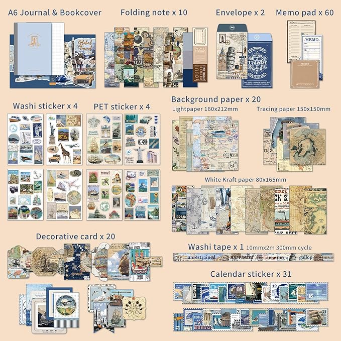 emmoolife Scrapbooking Supplies Kit, Daily Life World Travel Scrapbook Kit for Bullet Junk Journal, Stationery, A6 Grid Notebook, DIY Journaling Supplies, Birthday Craft Gift Teen Girl Kid Women