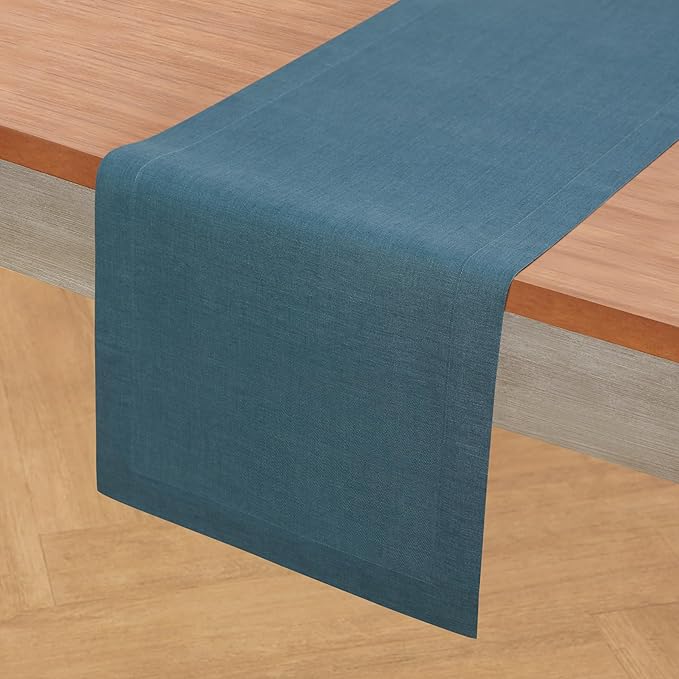 Solino Home Linen Table Runner 108 Inches Long - 100% Pure Linen Peacock Blue Table Runner 14 x 108 Inch for Winter - Fete
