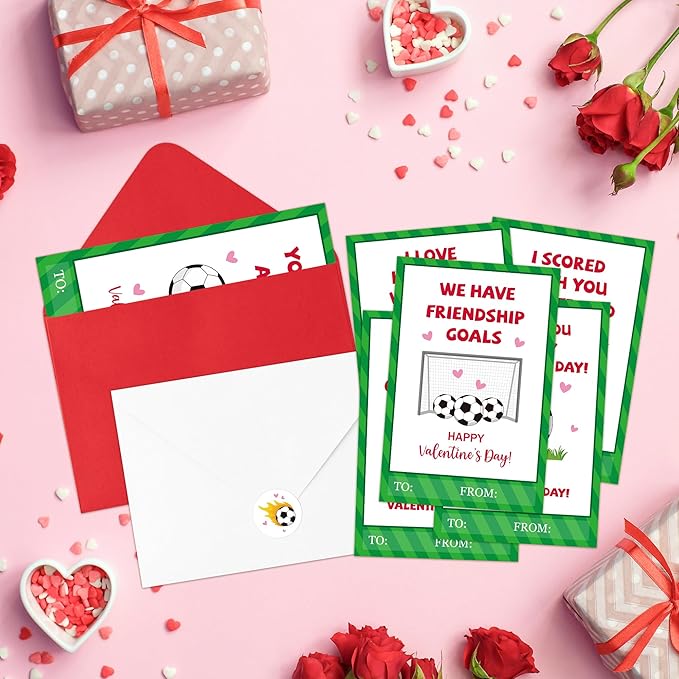 TICIAGA 48 Set Valentine's Day Football Greeting Cards with Envelop Green Heart Soccer Notecard Sticker for Kids Sport Theme Exchange Gifts for Boys and Girls School Classroom Supplies Party Favors