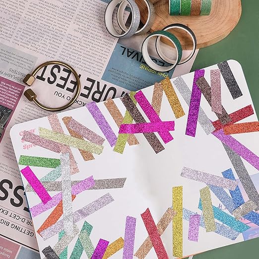 AEBORN Thin Glitter Washi Tape - 30 Rolls 10mm Colored Rainbow Washi Masking Tape Set, Skinny Decorative Tape for Bullet Journal, DIY Crafts, Planner, Scrapbook, Gift Packaging (Glitter-30J)