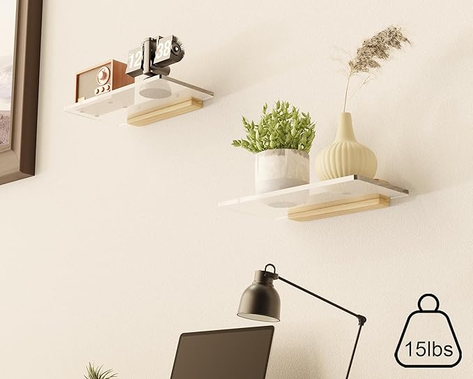 Acrylic Floating Shelves with Solid Wood Base, Wall Mounted Shelf for Plants, Perfume, Nail Polish, Bathroom, Bedroom & Living Room Décor