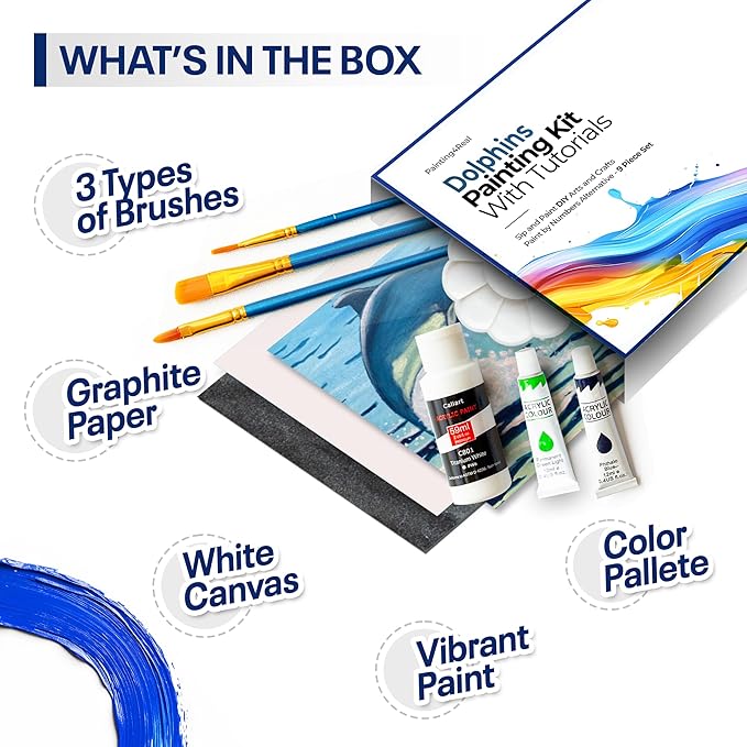 DIY Painting Class Kit for Adults with Video Tutorials: Learn to Paint Dolphins – How to Paint with Acrylics – Painting & Art Supplies – 9 Piece Acrylic Paint Set