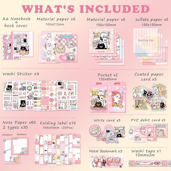 Draupnir Kawaii Pink Cute Cat Scrapbook Kit, Bullet Junk Journal Kit with Journaling/Scrapbooking Supplies, Stationery, A6 Grid Notebook Graph Ruled Pages.DIY Gift for Teen Girl Kid Women.