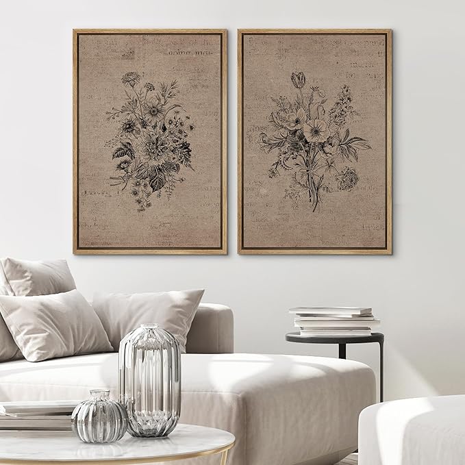 SIGNWIN Framed Canvas Print Wall Art Set Antique Floral Bouquets Vintage Engraved Flowers Modern Minimalism Decorative Nordic for Living Room, Bedroom, Office - 24"x36"x2 Natural
