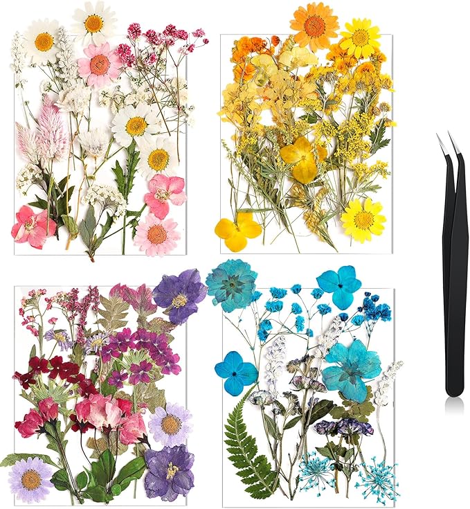 Nuanchu Pressed Flowers Bulk Dried Flower for Crafts Dried Wildflowers Leave Natural with Tweezer for Resin Mold Candles Cake DIY Christmas Craft Card Making Wedding Scrapbooking Supplies